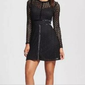 Xhiliration Black Dress Longsleeve Velvet Trim Lace Midi Size XL